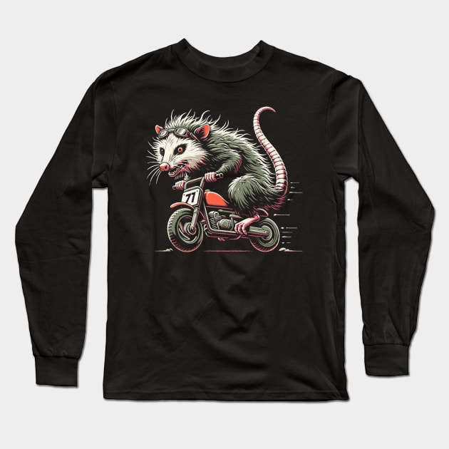 Possum Riding a Minibike Motorcycle Long Sleeve T-Shirt by Huhnerdieb Apparel